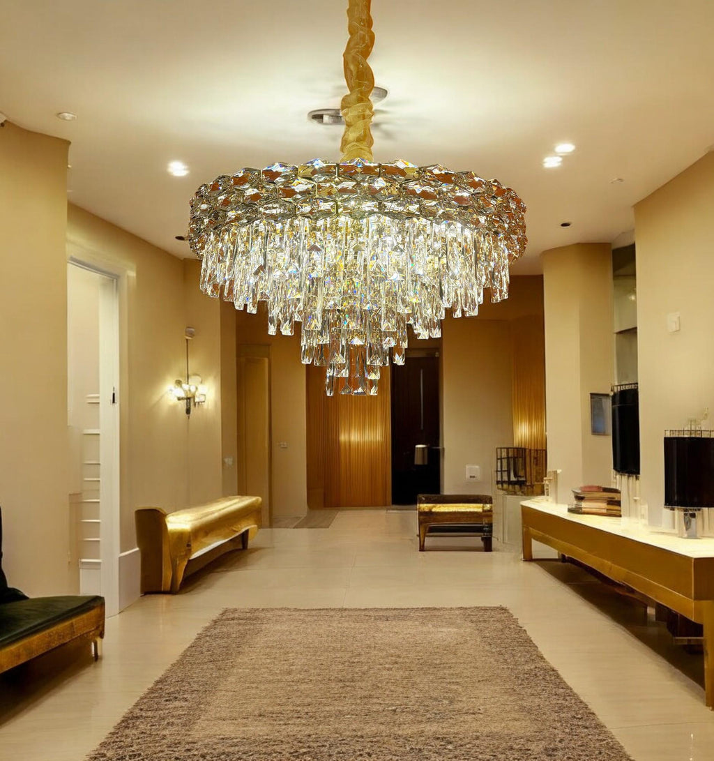 Round Crystal Chandelier: Modern Gold LED Pendant Light