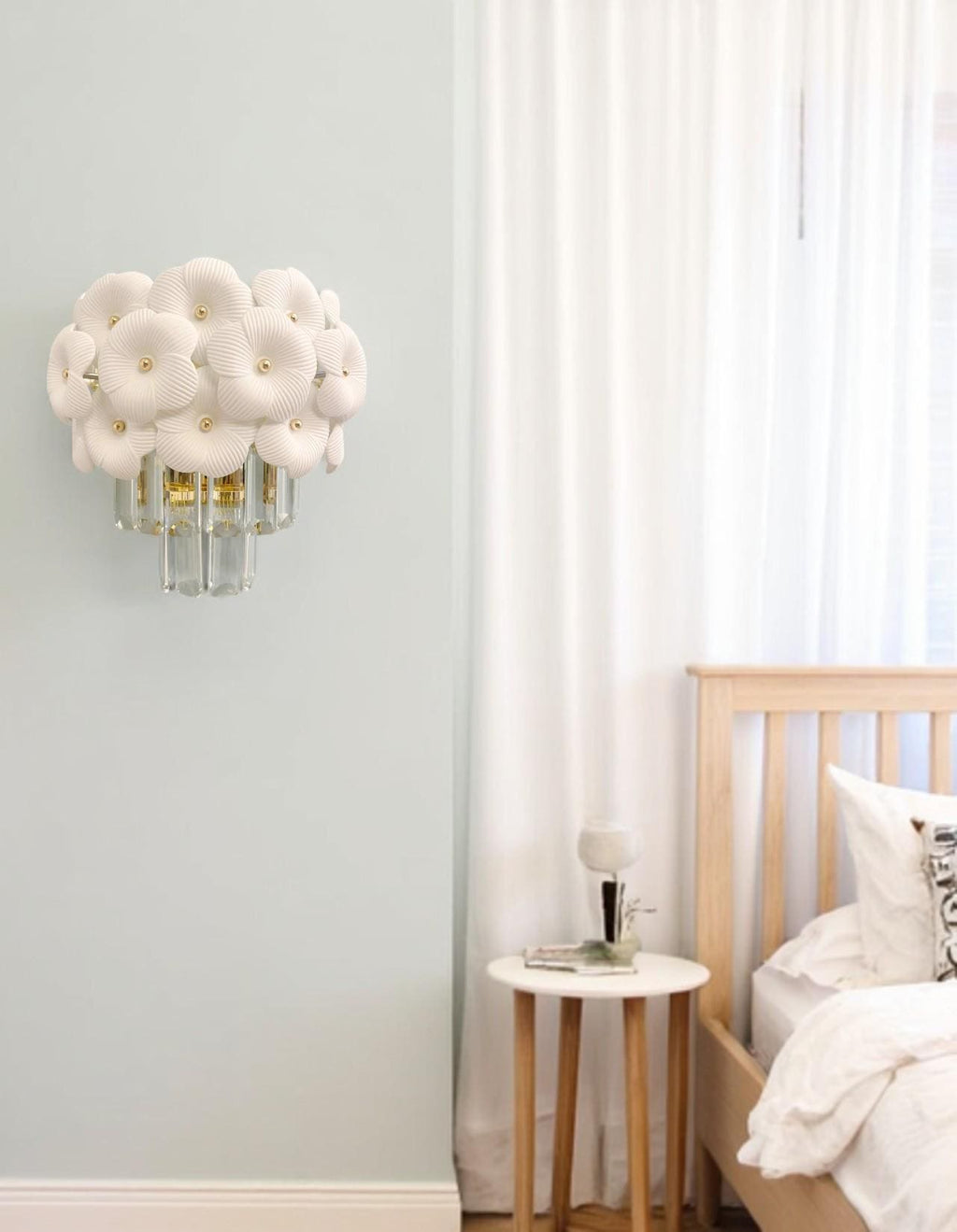 Floral Crystal Wall Sconce: Gold Bedroom Lighting (9.8 x 5 x 7.5)