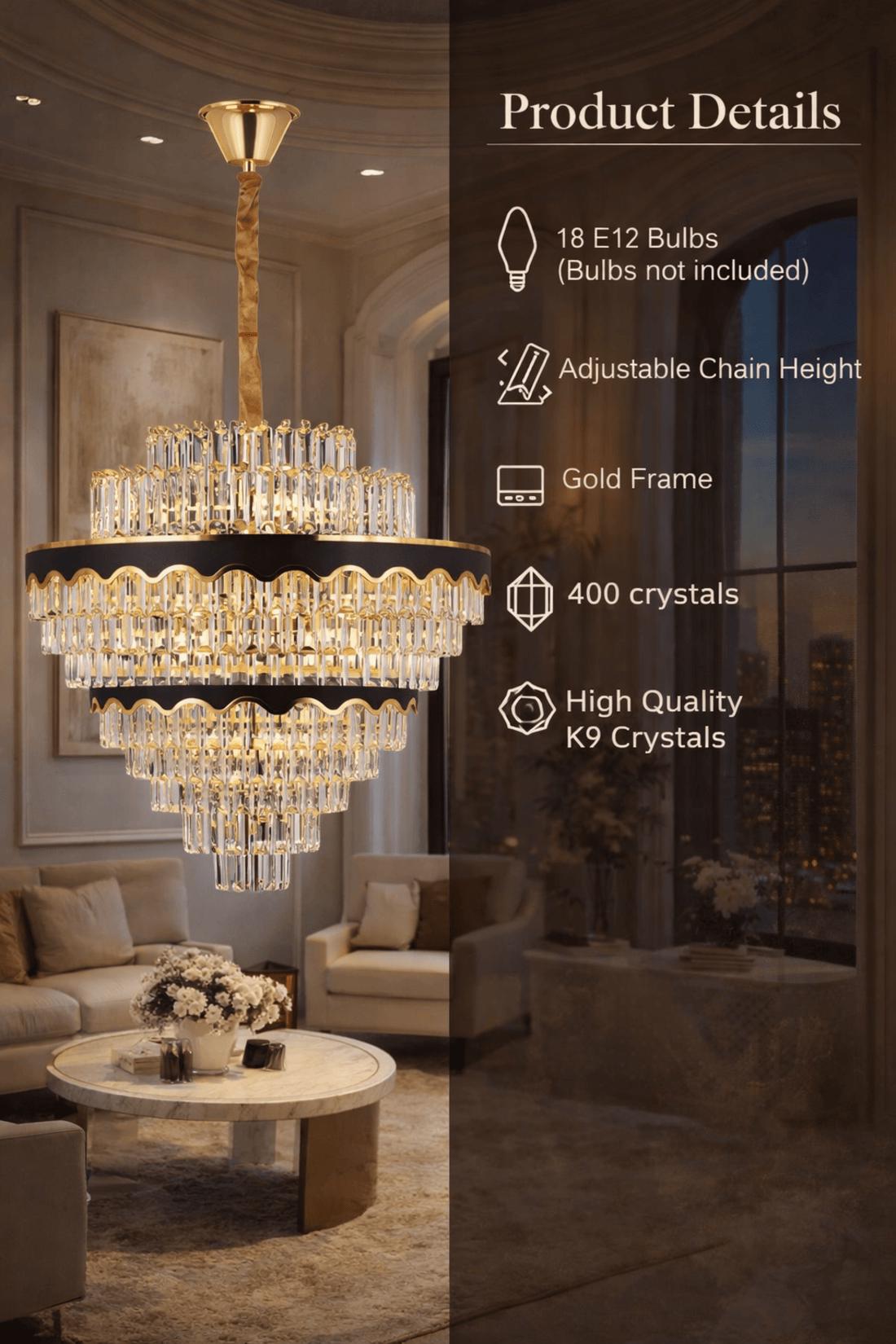 Tiered Crystal Chandelier – Gold & Black Modern Foyer Lighting