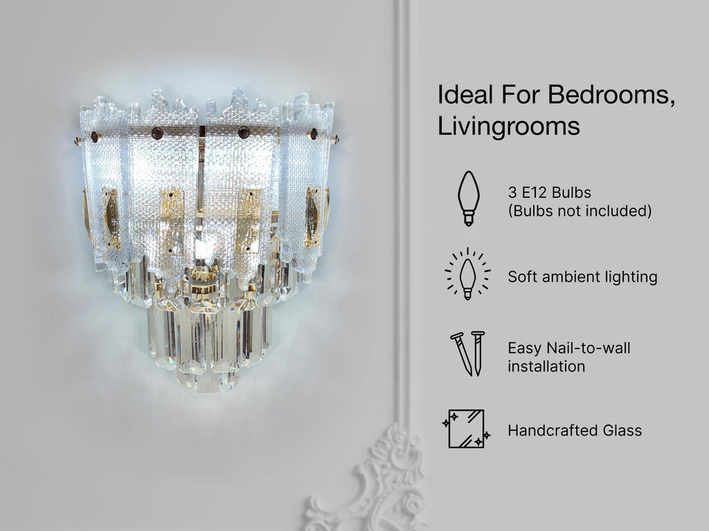 Vintage Crystal Wall Sconce Light – Handcrafted Glass Bedroom Lamp – Gold Finish Wall Mount Lighting