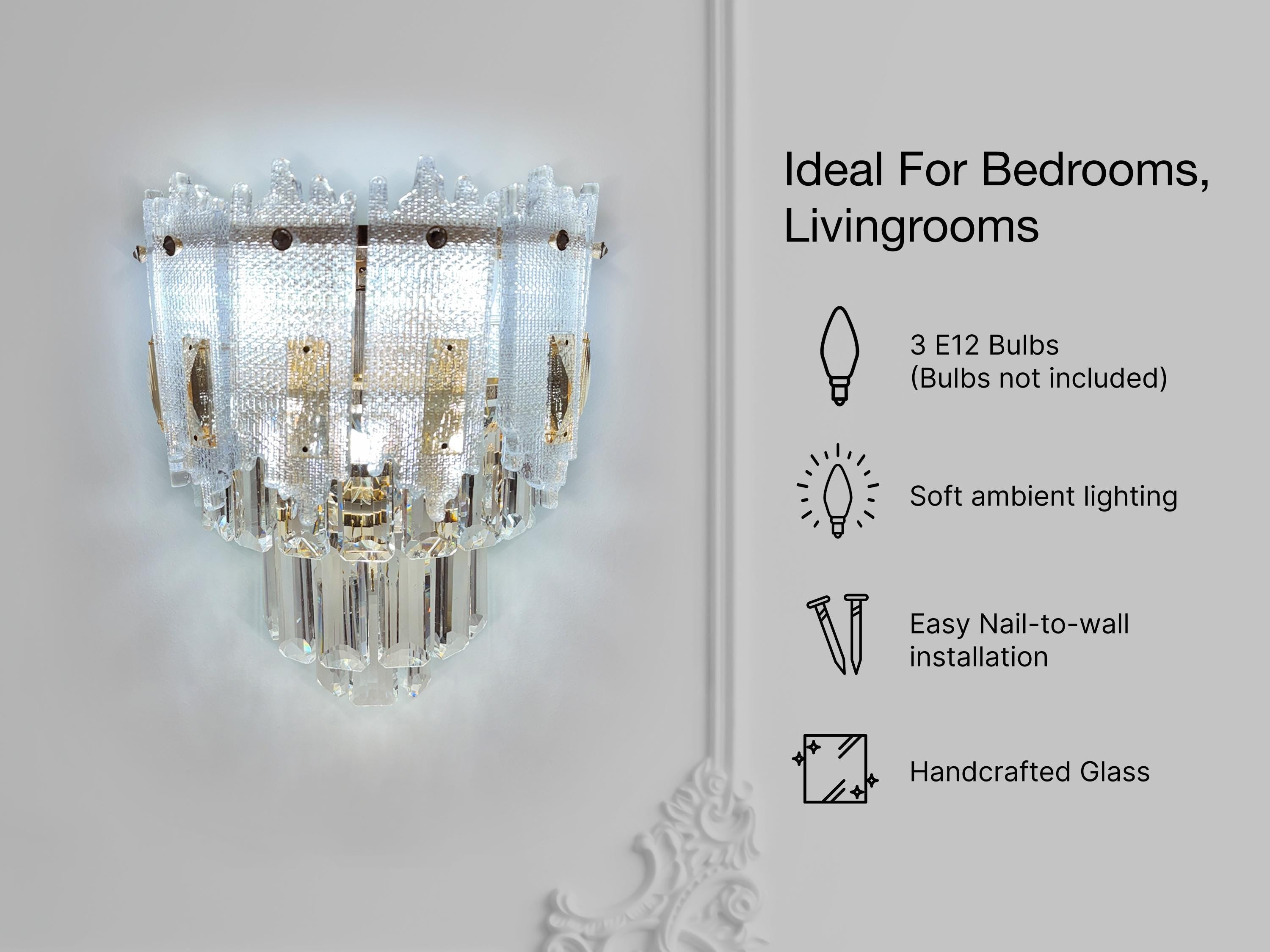 Vintage Crystal Wall Sconce Light – Handcrafted Glass Bedroom Lamp – Gold Finish Wall Mount Lighting