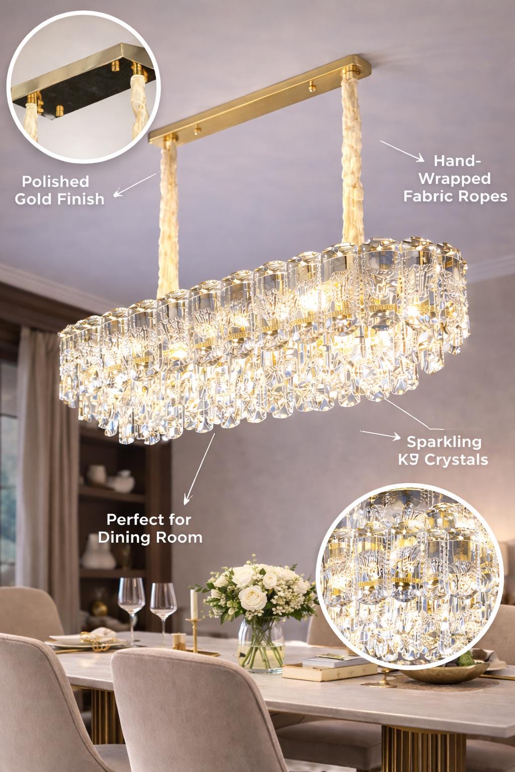 Luxury Rectangular Crystal Chandelier  – Gold Dining Table Island Ceiling Light