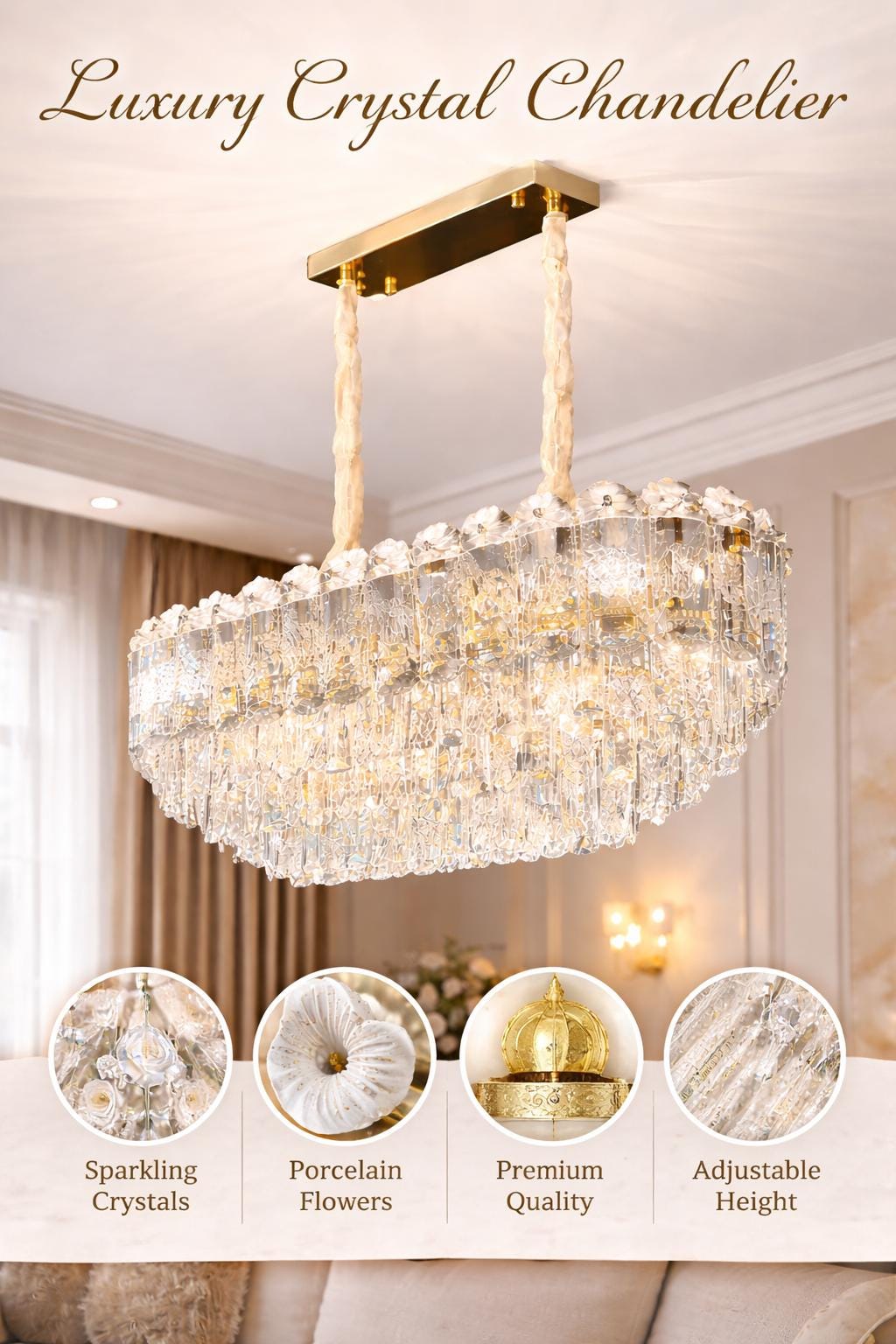 Luxury Rectangular Crystal Chandelier  – Gold Dining Table Island Ceiling Light