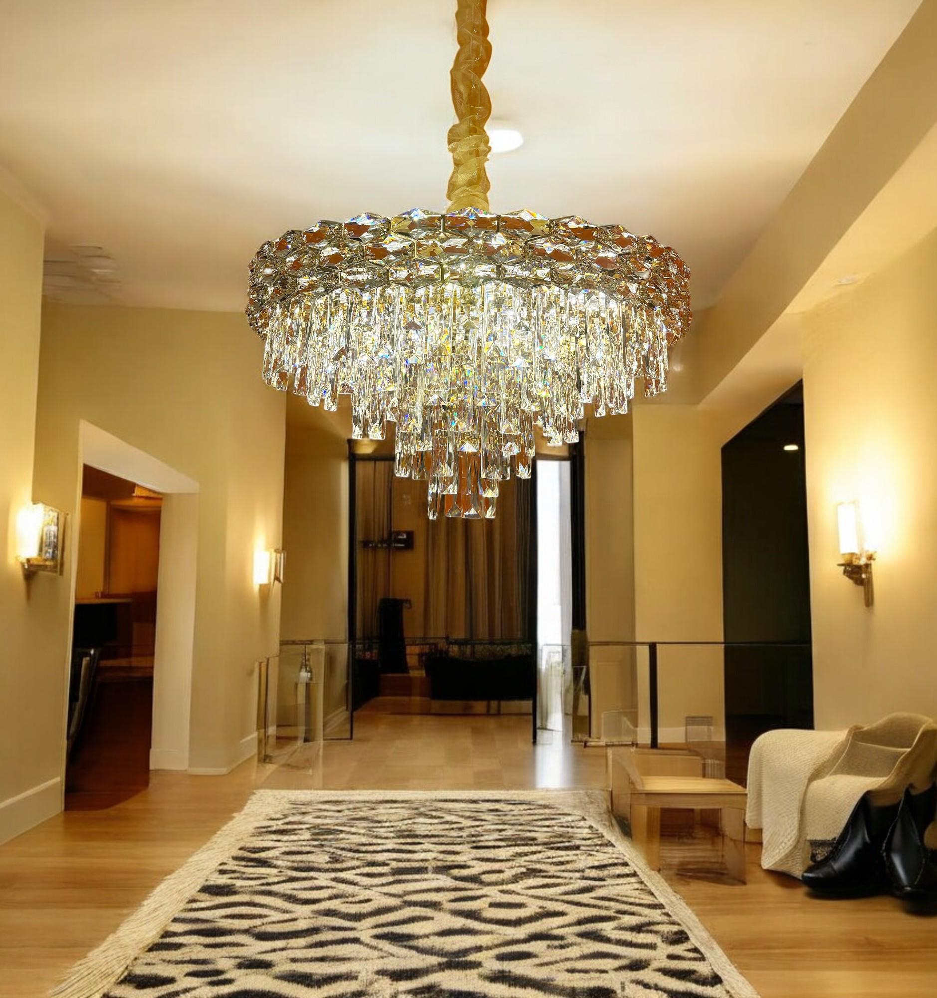 Round Crystal Chandelier: Modern Gold LED Pendant Light