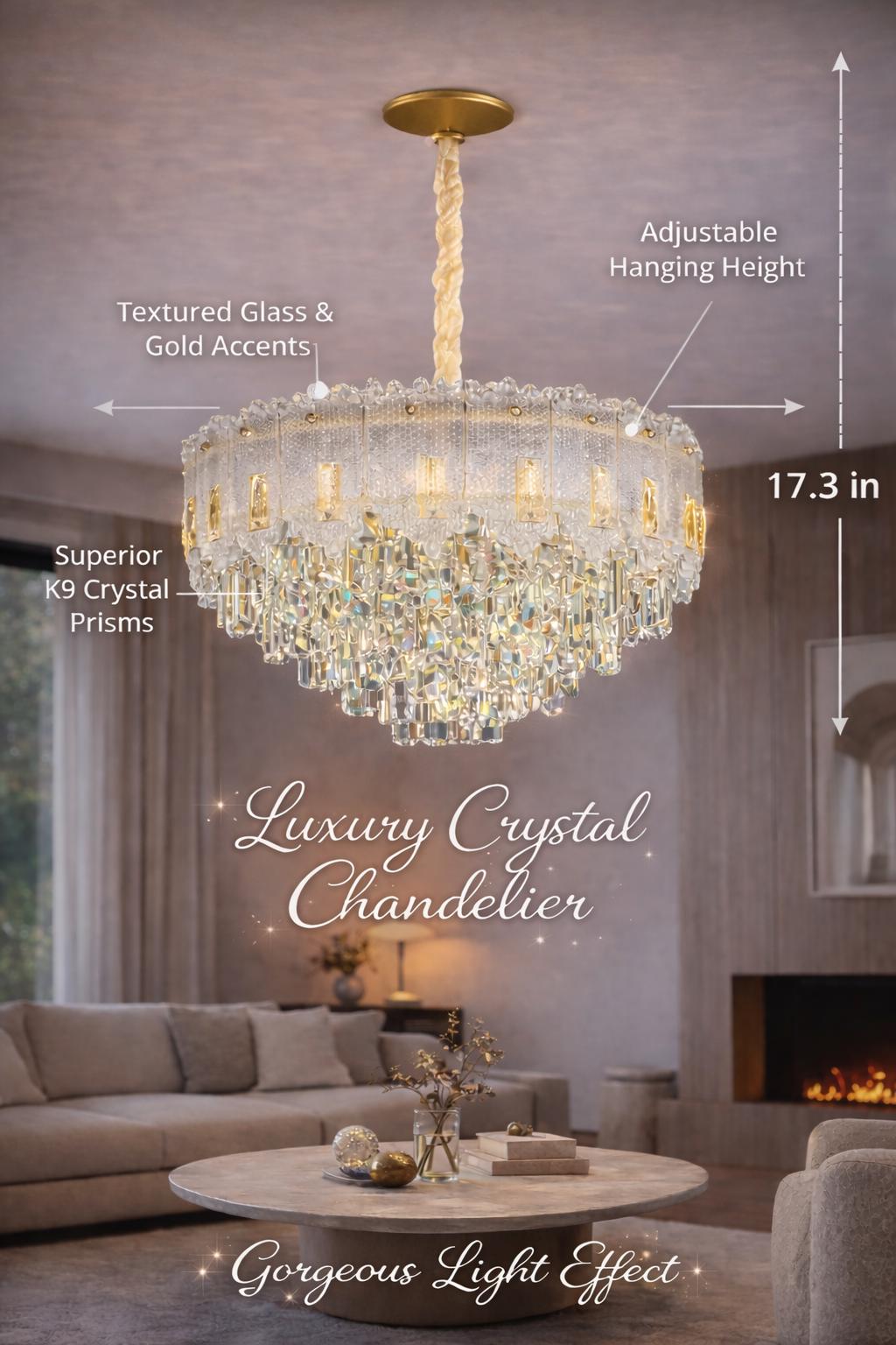Gold K9 Crystal Chandelier | Modern Bedroom Statement Lighting, 31.4"