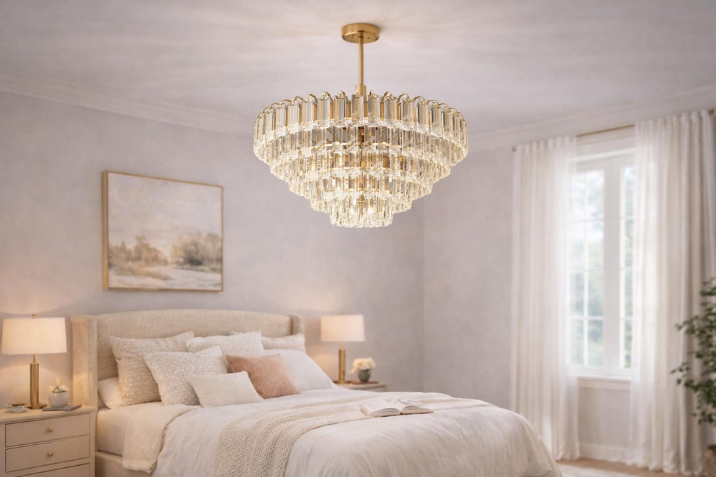 Modern Gold Crystal Rod Chandelier | Tiered Living Room Lighting