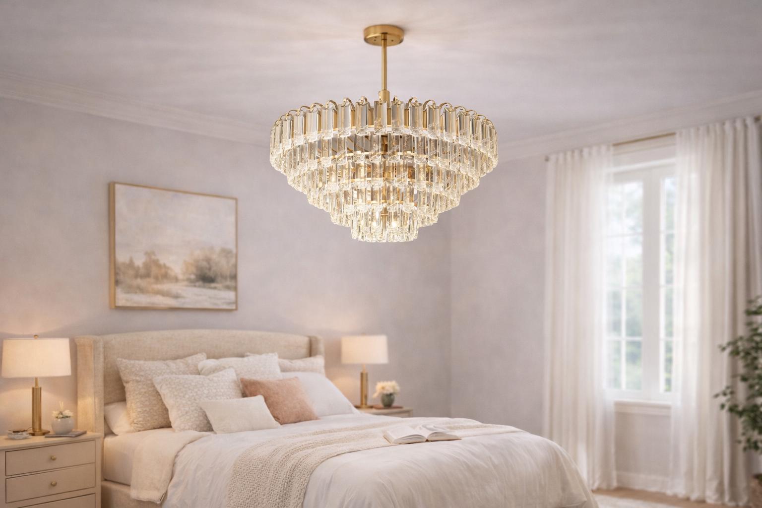 Modern Gold Crystal Rod Chandelier | Tiered Living Room Lighting