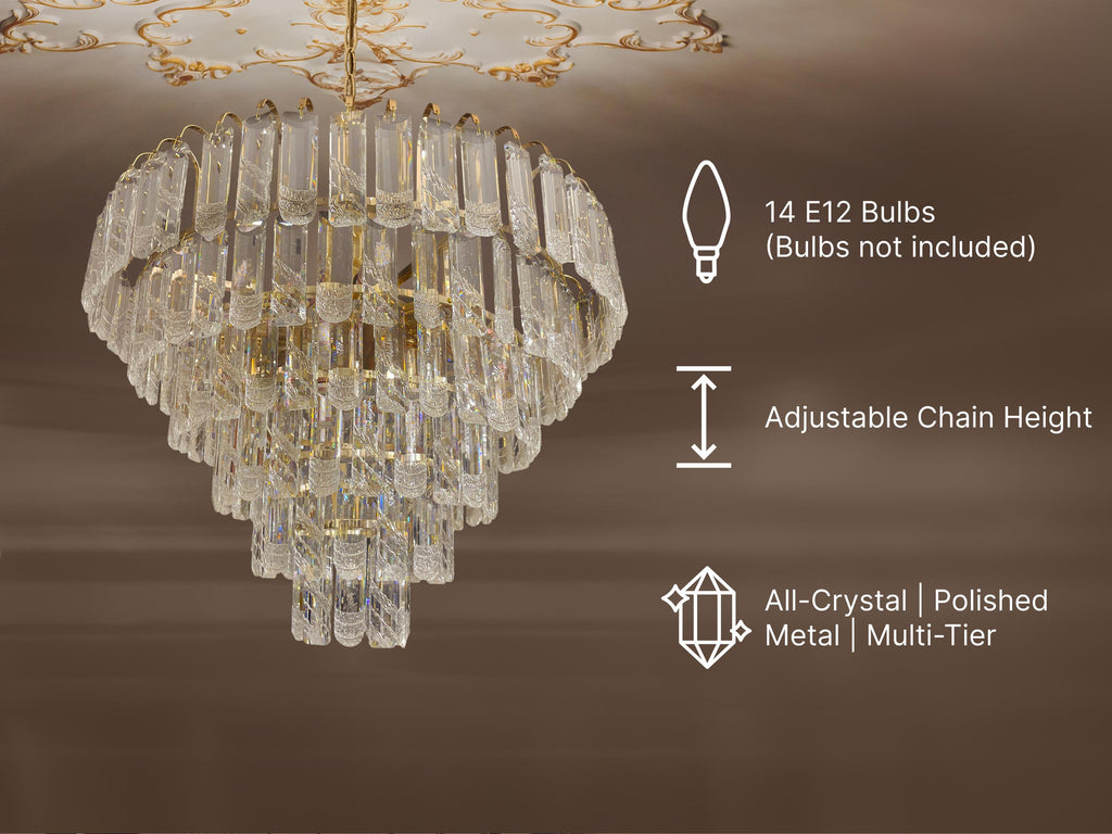 Luxury Crystal Chandelier -Light Gold Finish – Modern Tiered Design – Statement Lighting