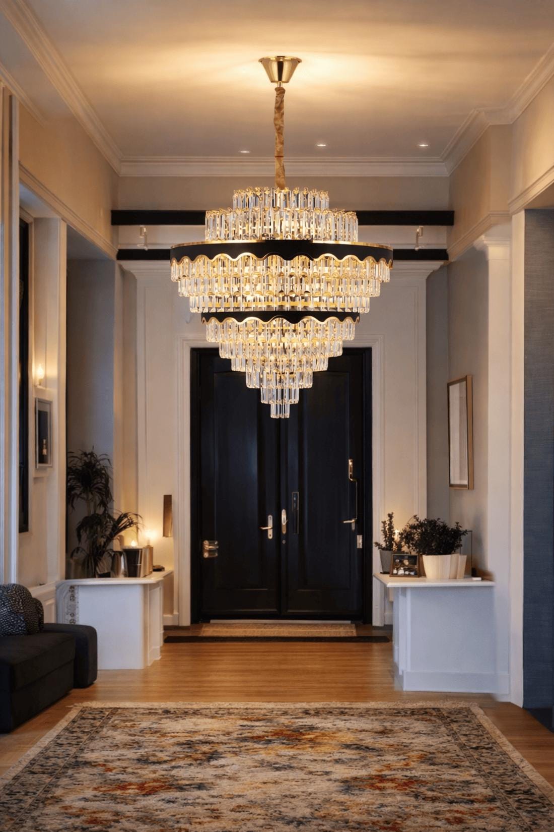 Tiered Crystal Chandelier – Gold & Black Modern Foyer Lighting