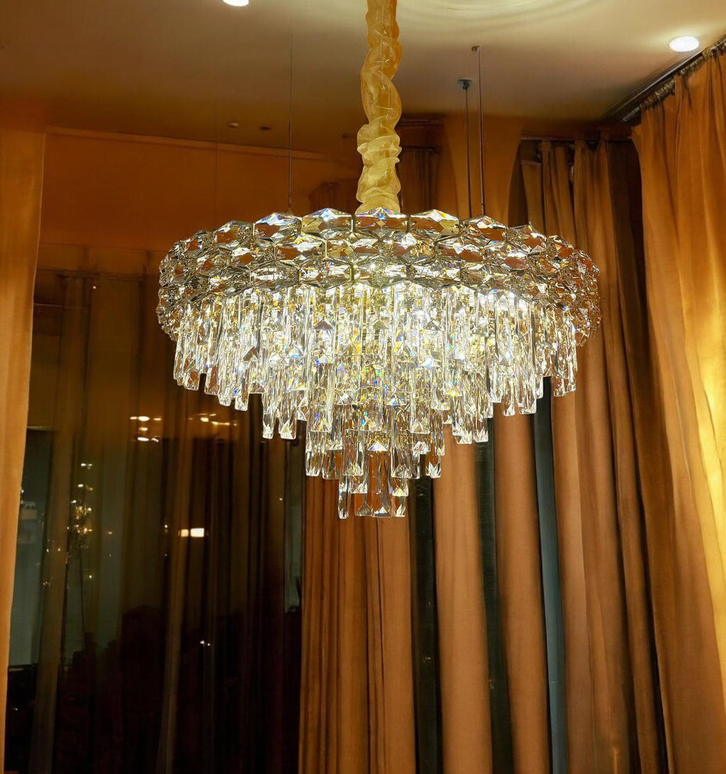 Round Crystal Chandelier: Modern Gold LED Pendant Light
