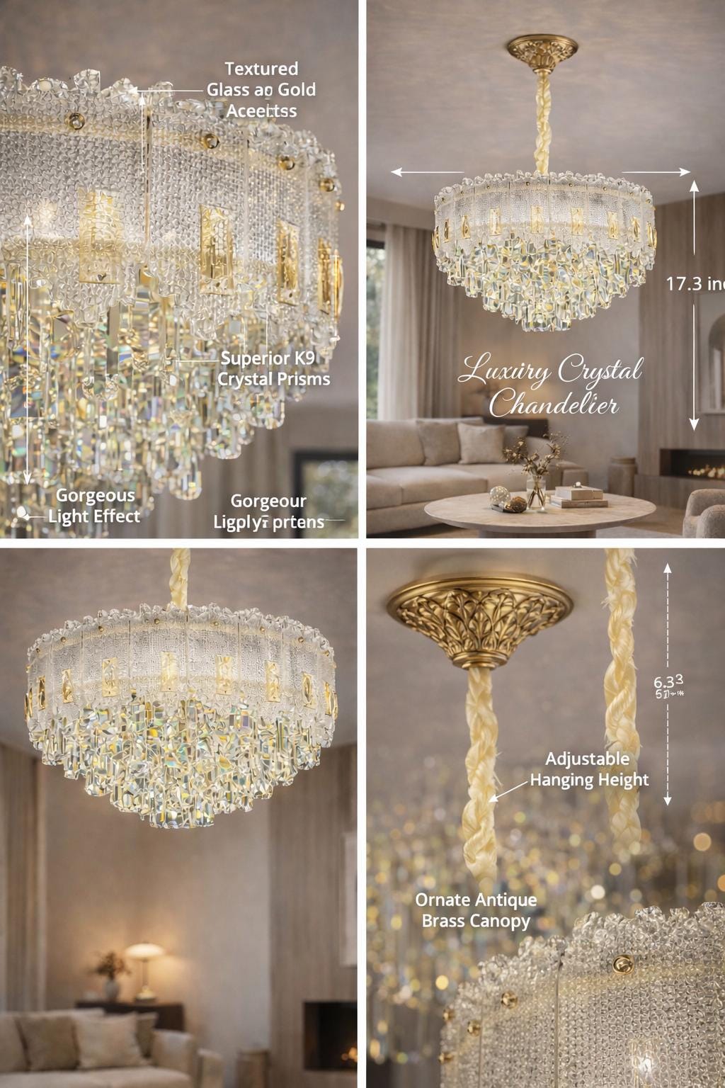 Gold K9 Crystal Chandelier | Modern Bedroom Statement Lighting, 31.4"