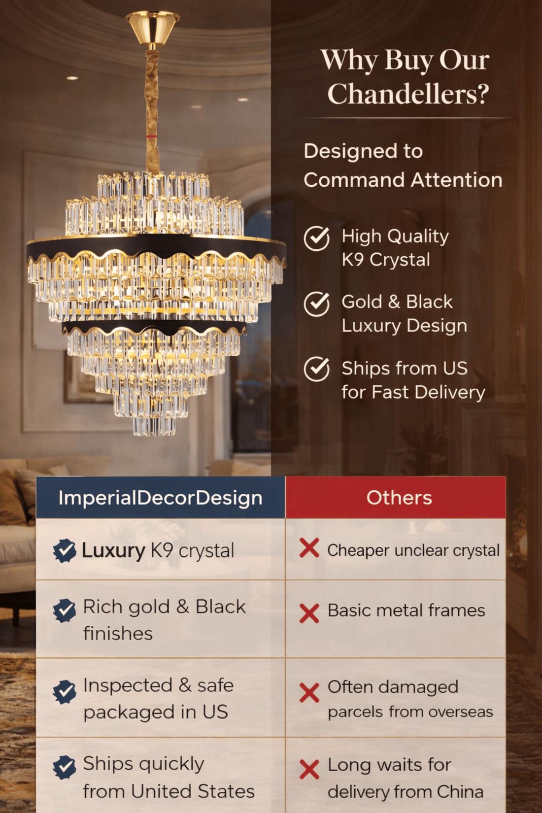 Tiered Crystal Chandelier – Gold & Black Modern Foyer Lighting