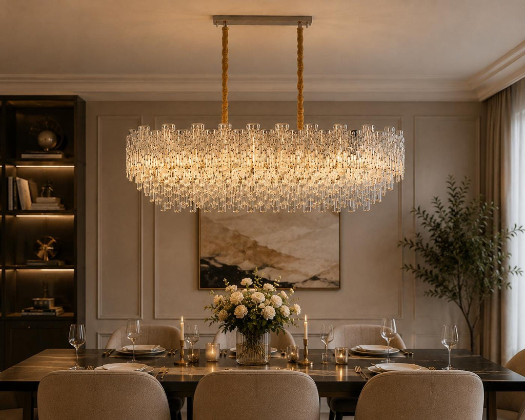 Modern Crystal Chandelier Dining Room Light Fixture //  Luxury Rectangular Ceiling Pendant