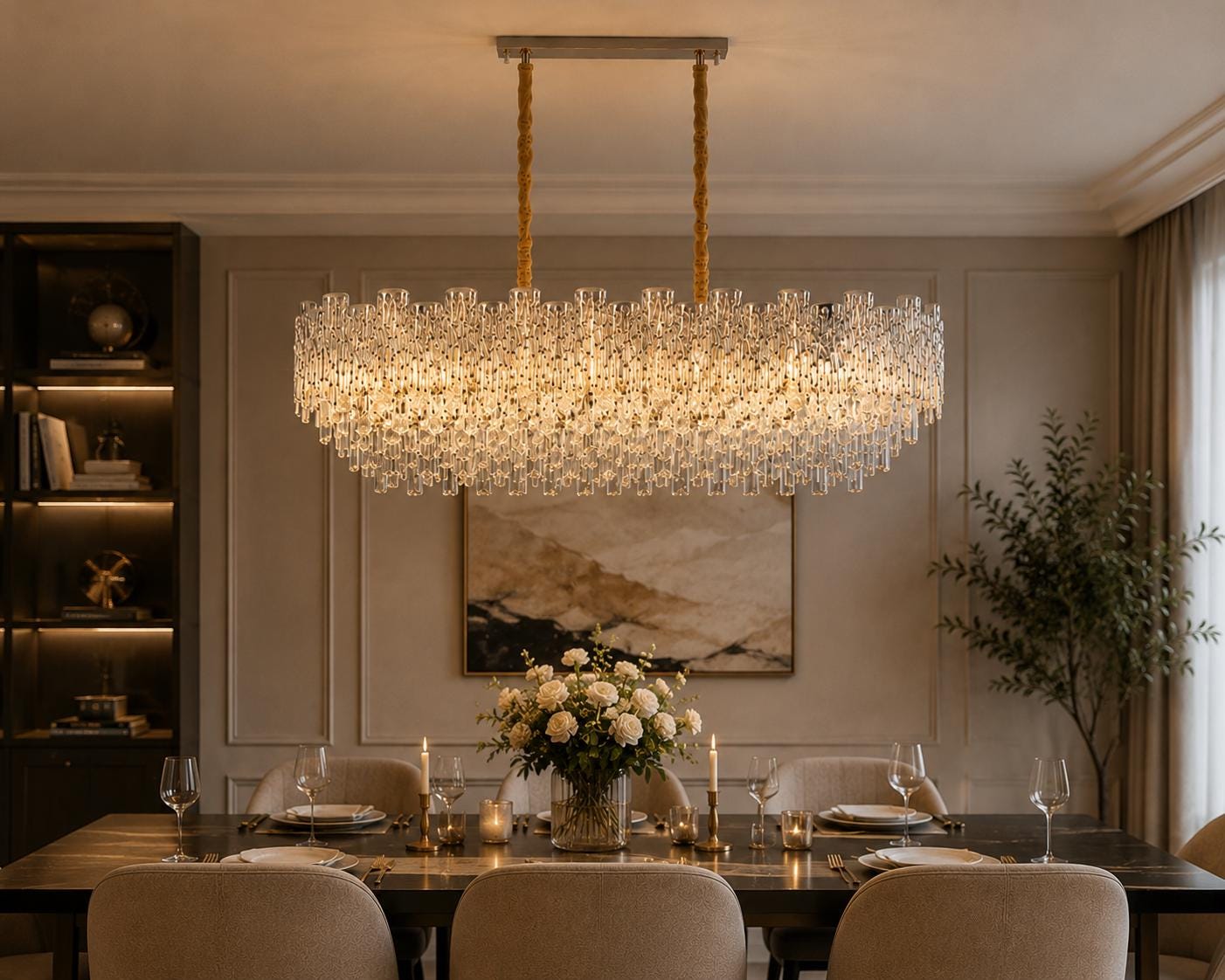 Modern Crystal Chandelier Dining Room Light Fixture //  Luxury Rectangular Ceiling Pendant