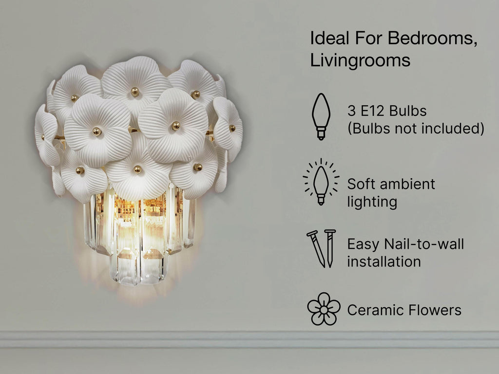 Floral Crystal Wall Sconce: Gold Bedroom Lighting (9.8 x 5 x 7.5)
