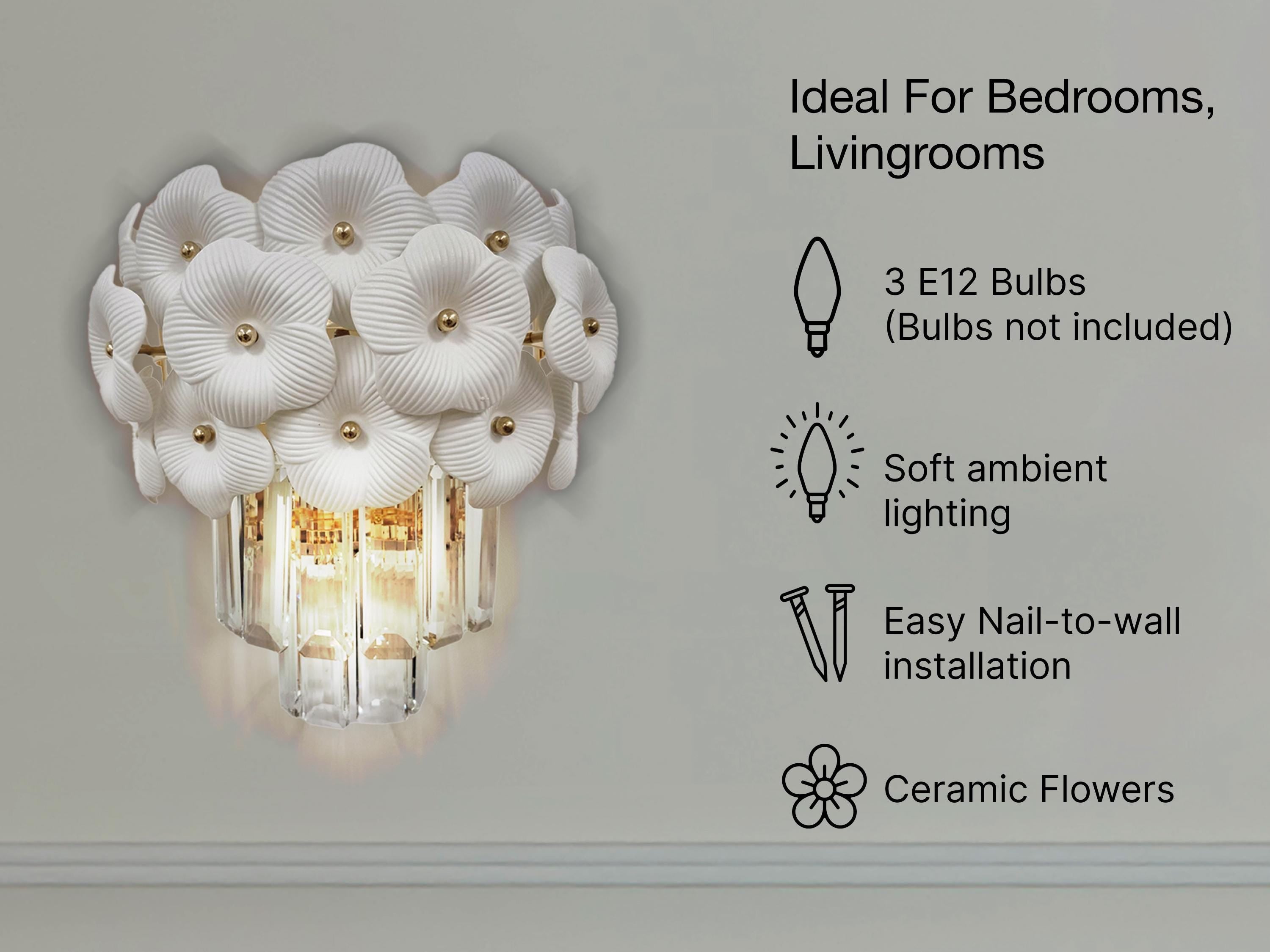 Floral Crystal Wall Sconce: Gold Bedroom Lighting (9.8 x 5 x 7.5)