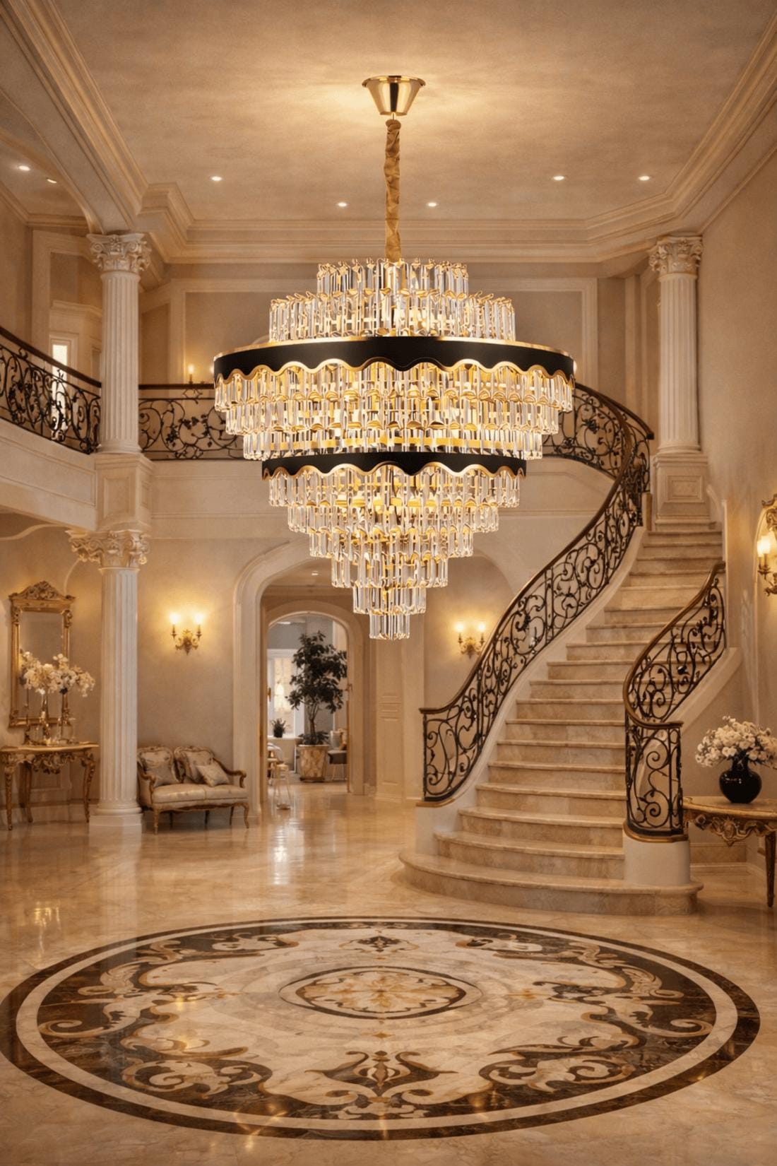 Tiered Crystal Chandelier – Gold & Black Modern Foyer Lighting