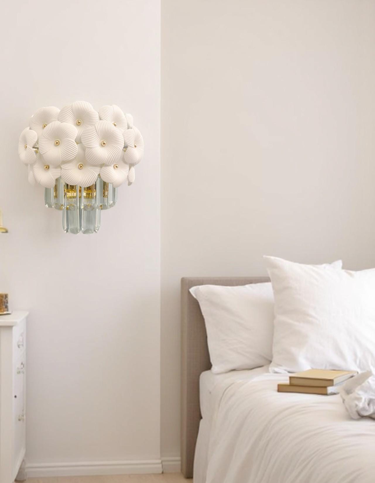 Floral Crystal Wall Sconce: Gold Bedroom Lighting (9.8 x 5 x 7.5)
