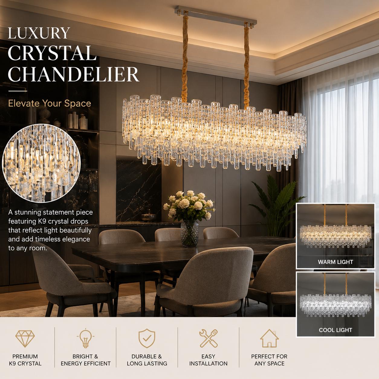 Modern Crystal Chandelier Dining Room Light Fixture //  Luxury Rectangular Ceiling Pendant