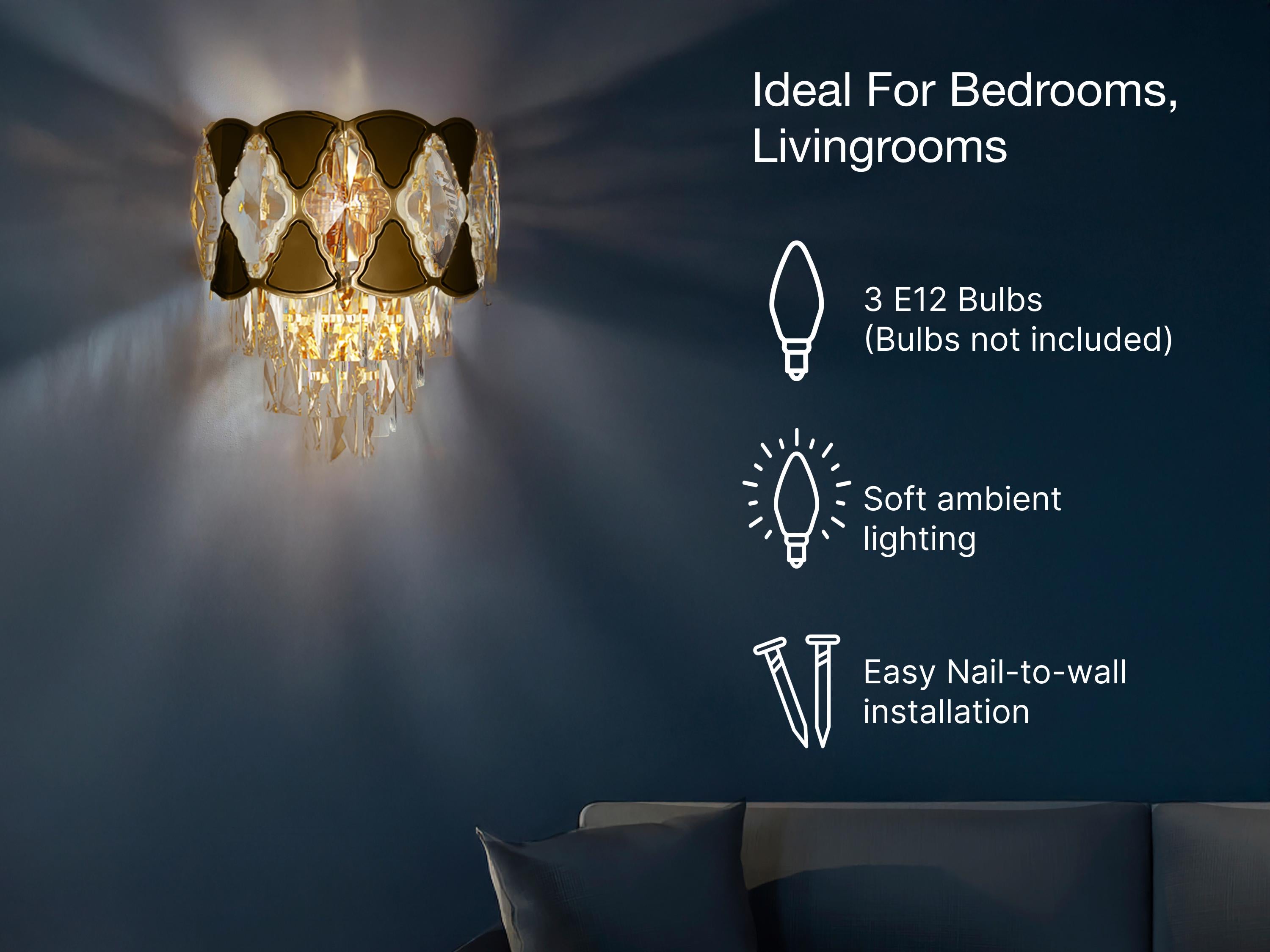 Elegant Gold & Crystal Wall Sconce – 11” Wide Luxury Bedside Wall Light Fixture