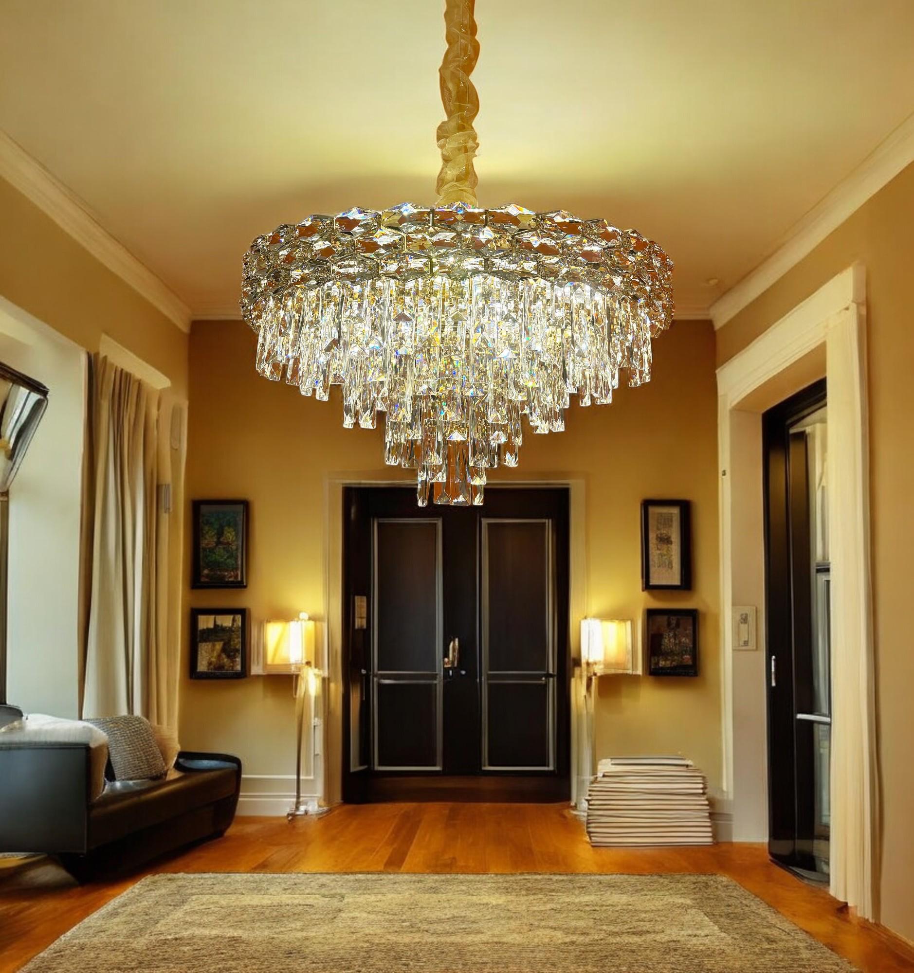 Round Crystal Chandelier: Modern Gold LED Pendant Light
