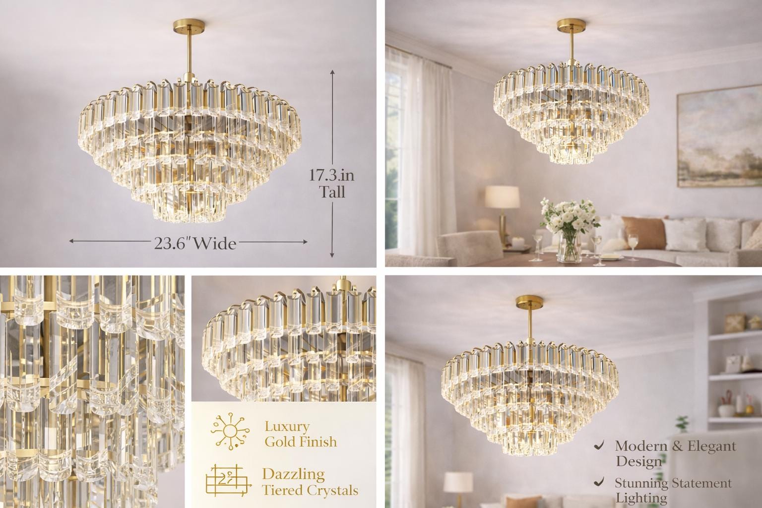 Modern Gold Crystal Rod Chandelier | Tiered Living Room Lighting