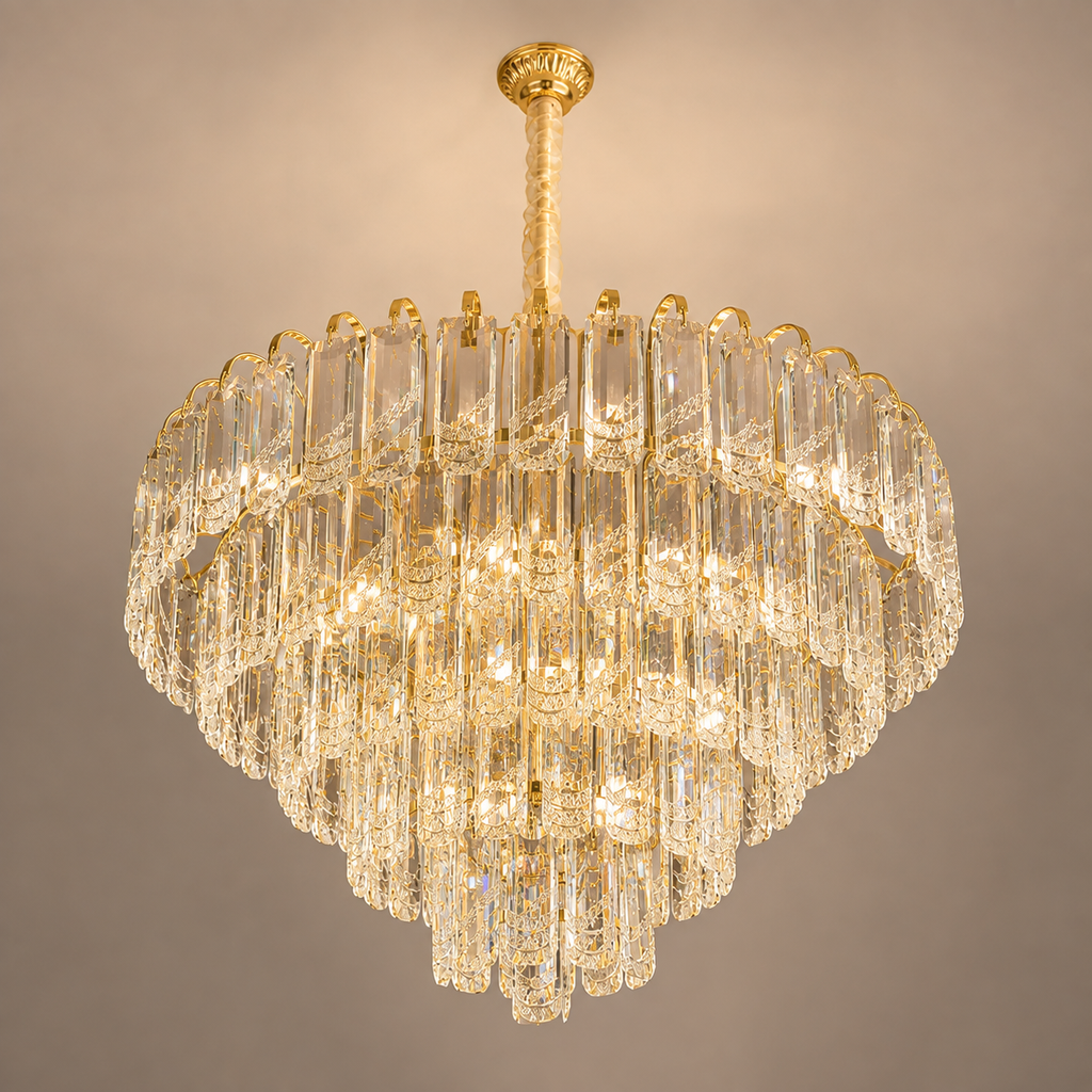 Luxury Crystal Chandelier -Light Gold Finish – Modern Tiered Design – Statement Lighting