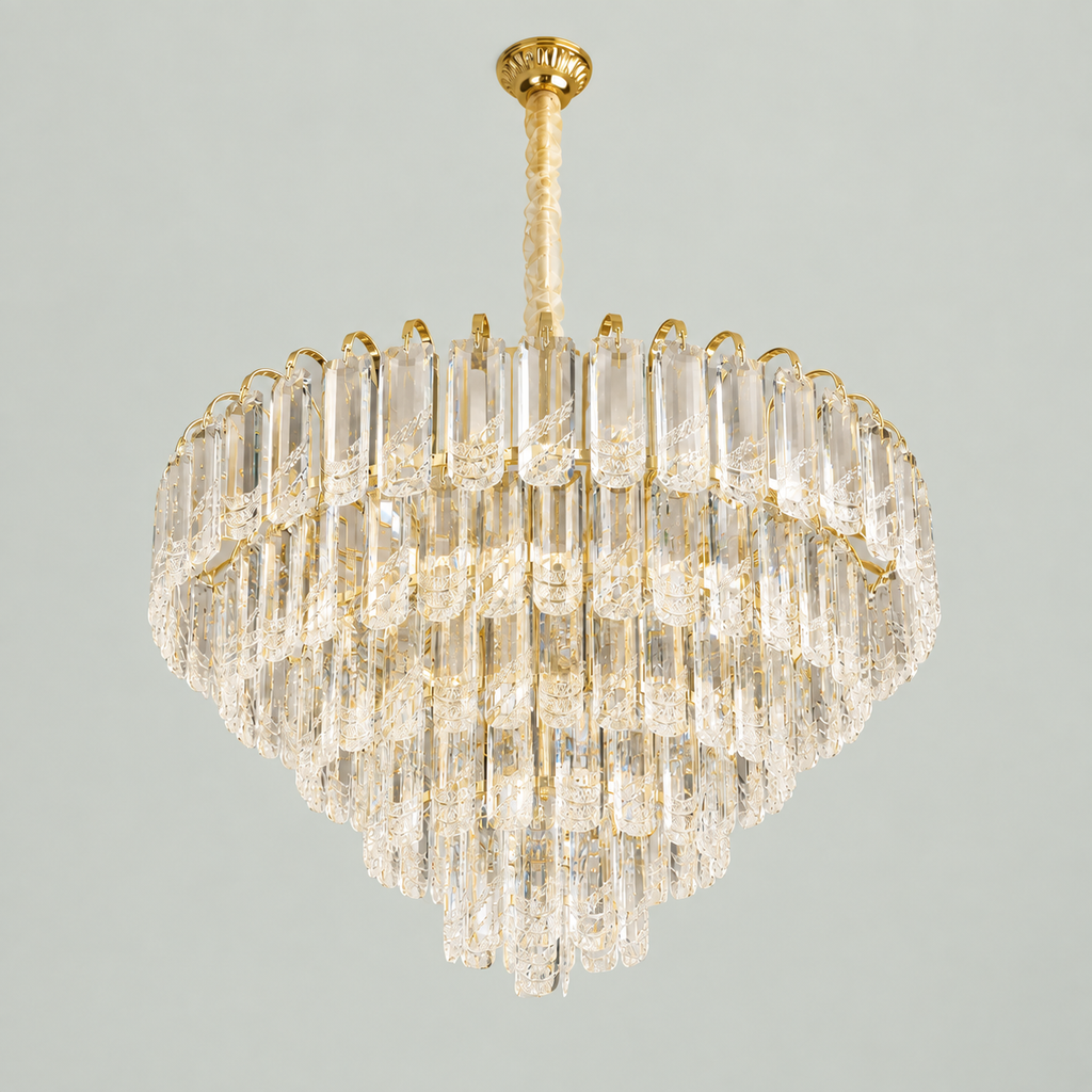 Luxury Crystal Chandelier -Light Gold Finish – Modern Tiered Design – Statement Lighting