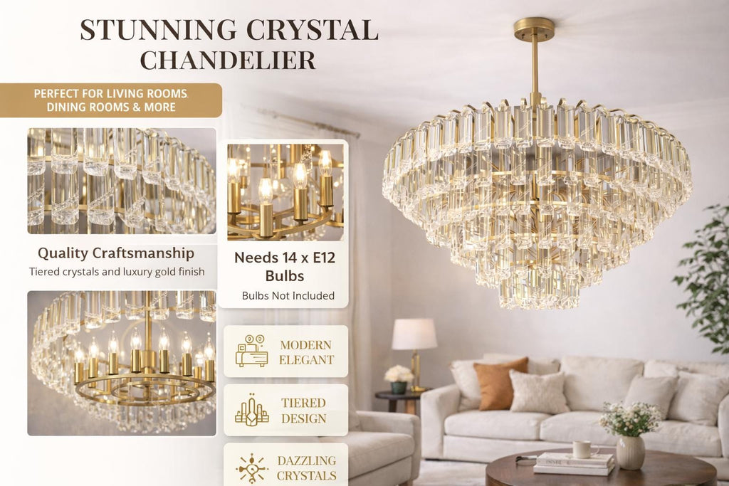 Modern Gold Crystal Rod Chandelier | Tiered Living Room Lighting