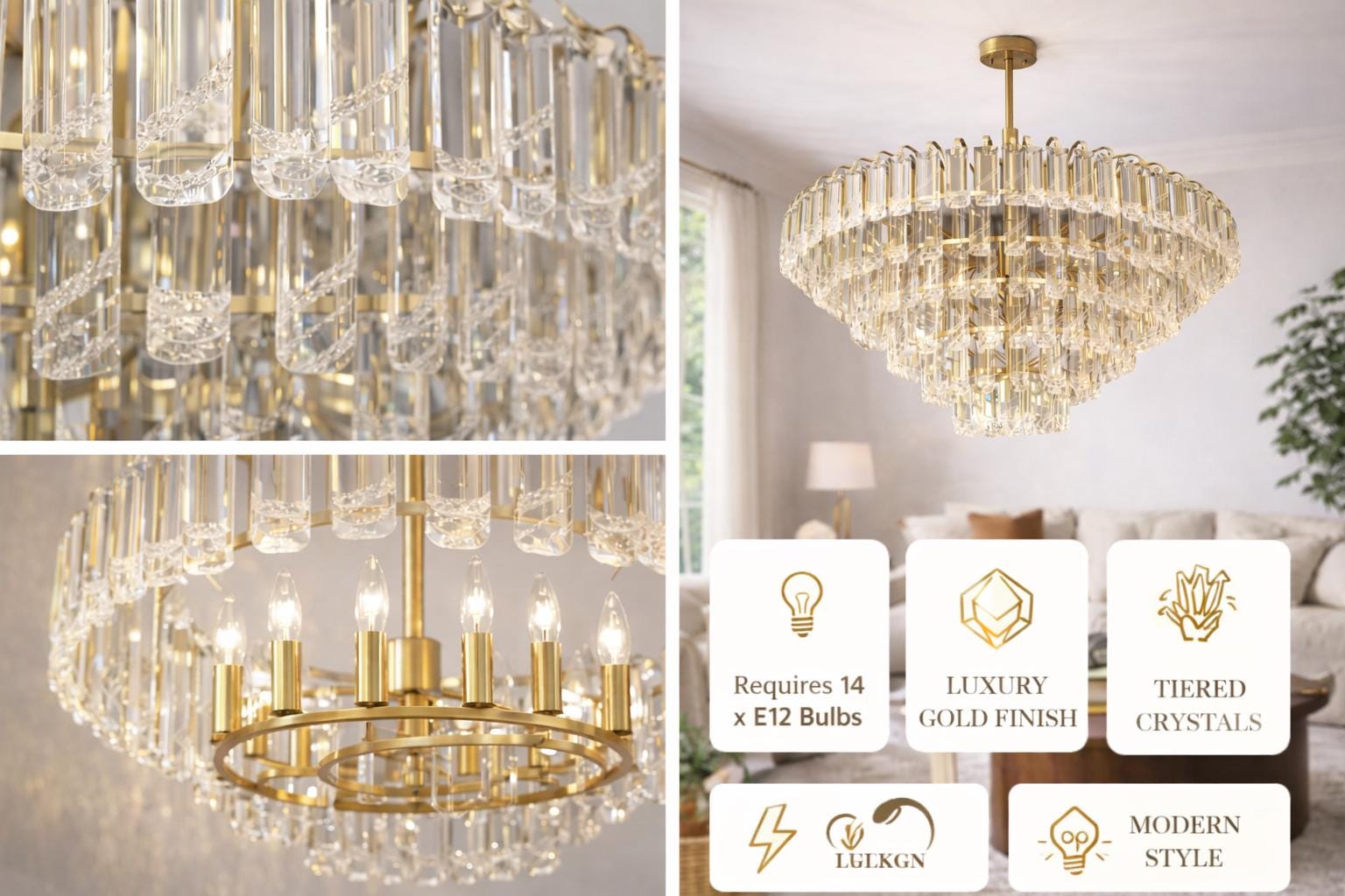 Modern Gold Crystal Rod Chandelier | Tiered Living Room Lighting