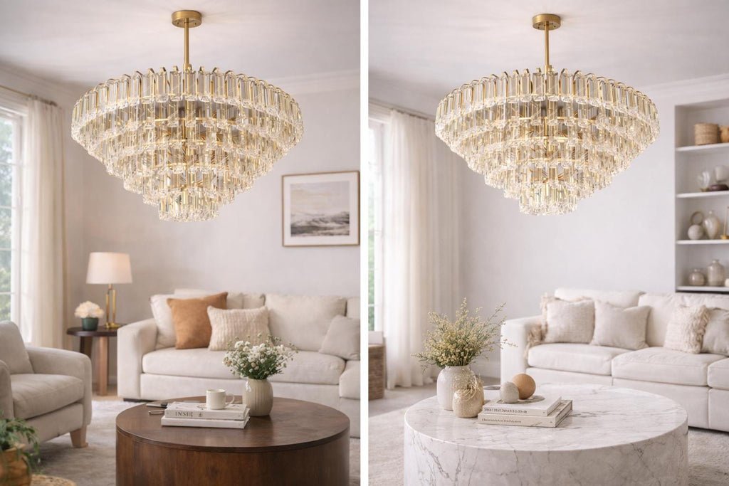 Modern Gold Crystal Rod Chandelier | Tiered Living Room Lighting