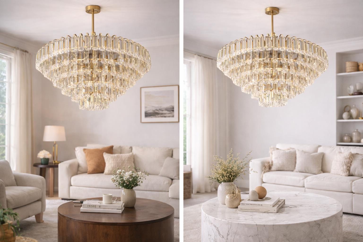 Modern Gold Crystal Rod Chandelier | Tiered Living Room Lighting