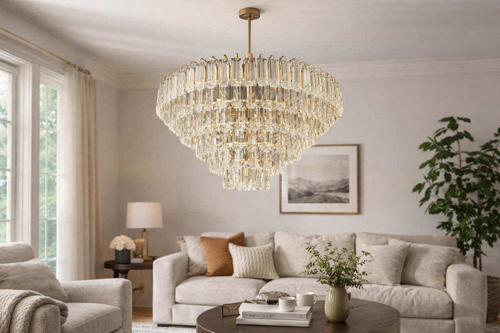 Modern Gold Crystal Rod Chandelier | Tiered Living Room Lighting