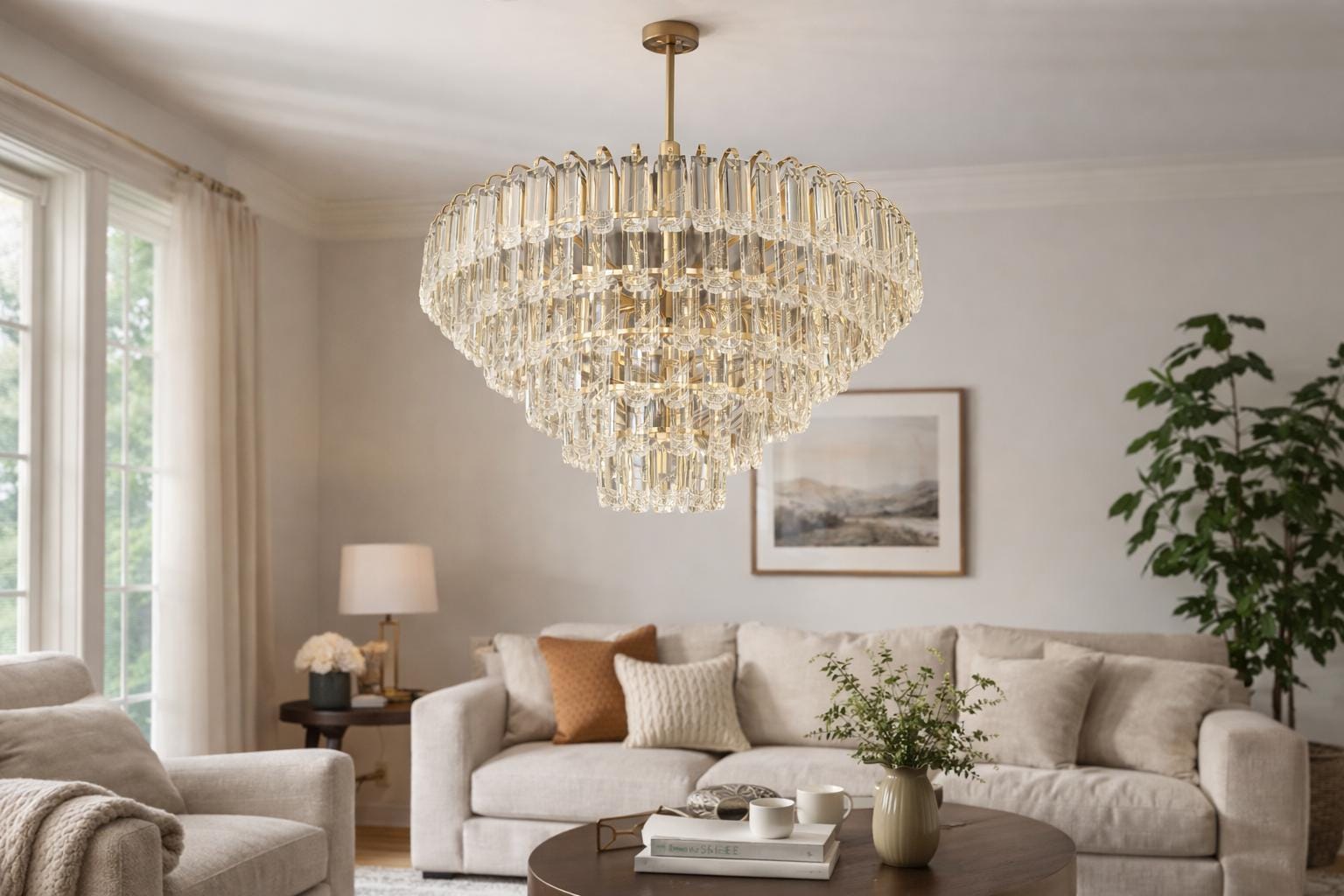 Modern Gold Crystal Rod Chandelier | Tiered Living Room Lighting