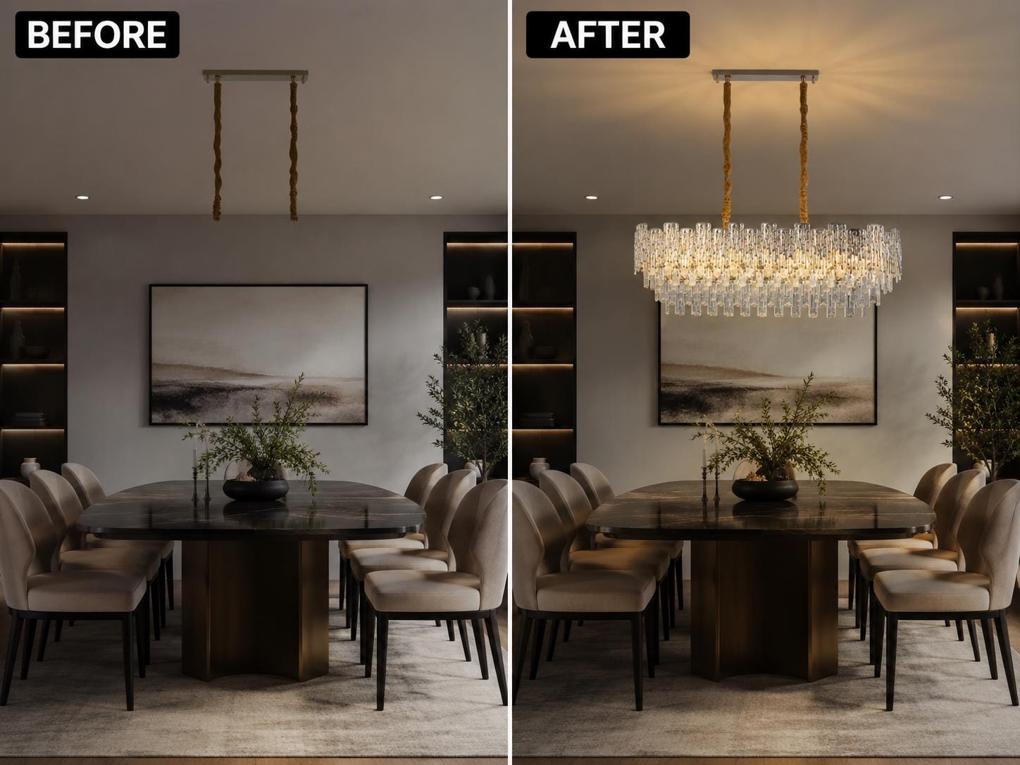Modern Crystal Chandelier Dining Room Light Fixture //  Luxury Rectangular Ceiling Pendant