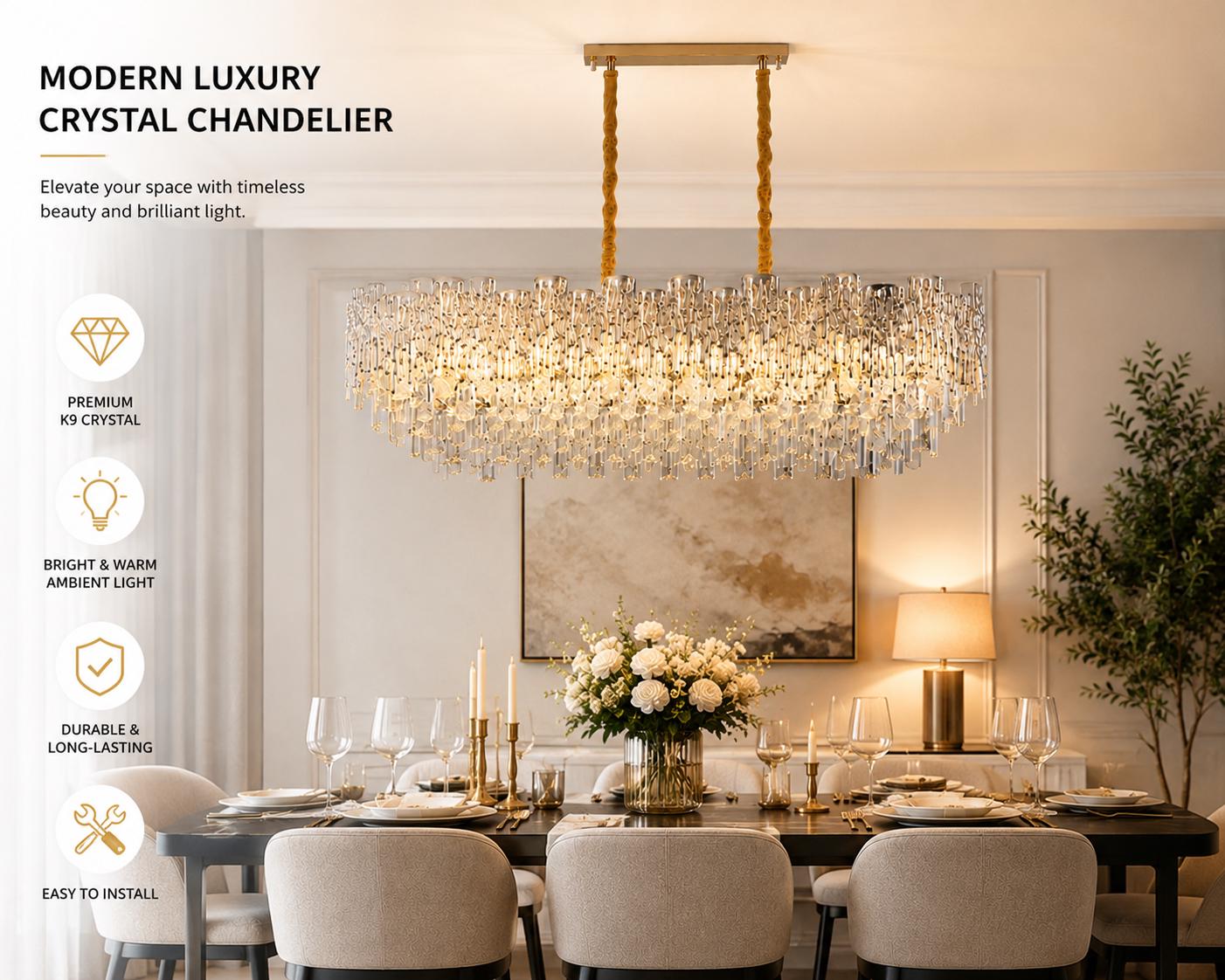 Modern Crystal Chandelier Dining Room Light Fixture //  Luxury Rectangular Ceiling Pendant