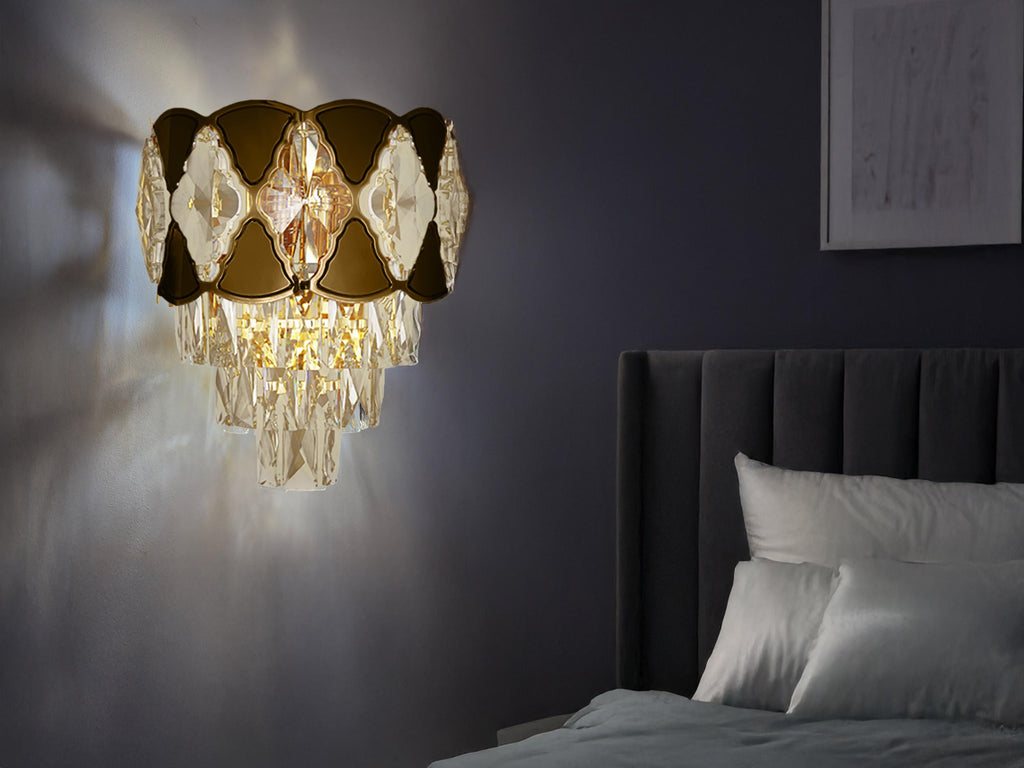 Elegant Gold & Crystal Wall Sconce – 11” Wide Luxury Bedside Wall Light Fixture