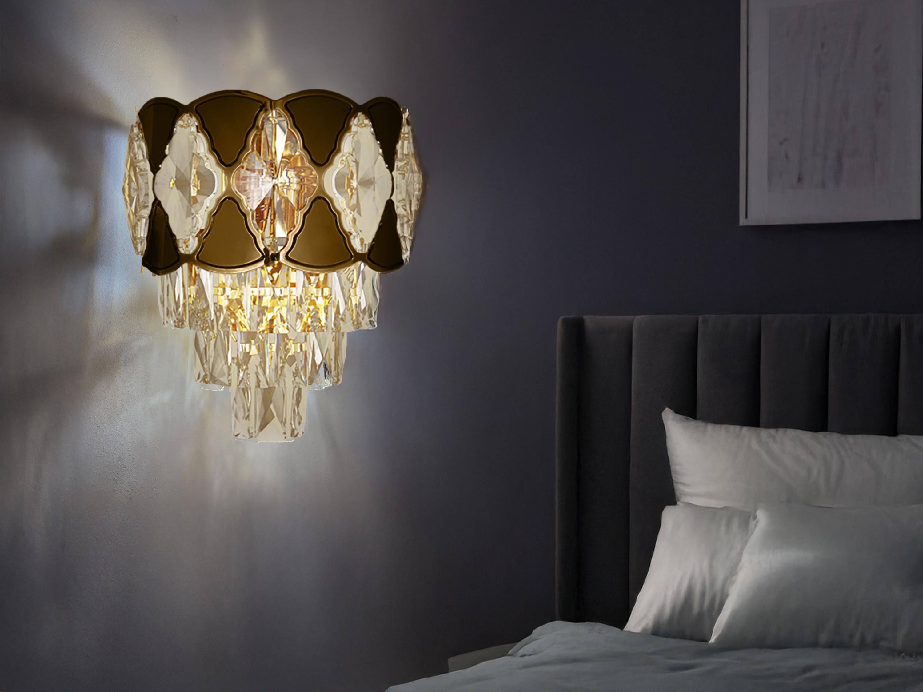 Elegant Gold & Crystal Wall Sconce – 11” Wide Luxury Bedside Wall Light Fixture