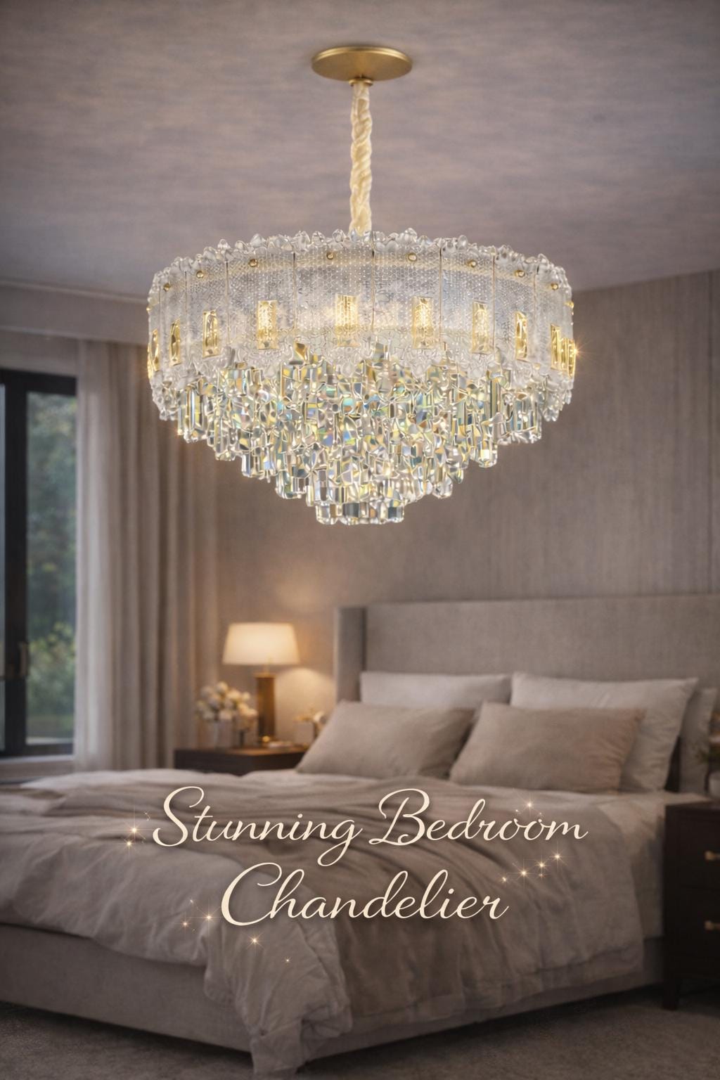 Gold K9 Crystal Chandelier | Modern Bedroom Statement Lighting, 31.4"