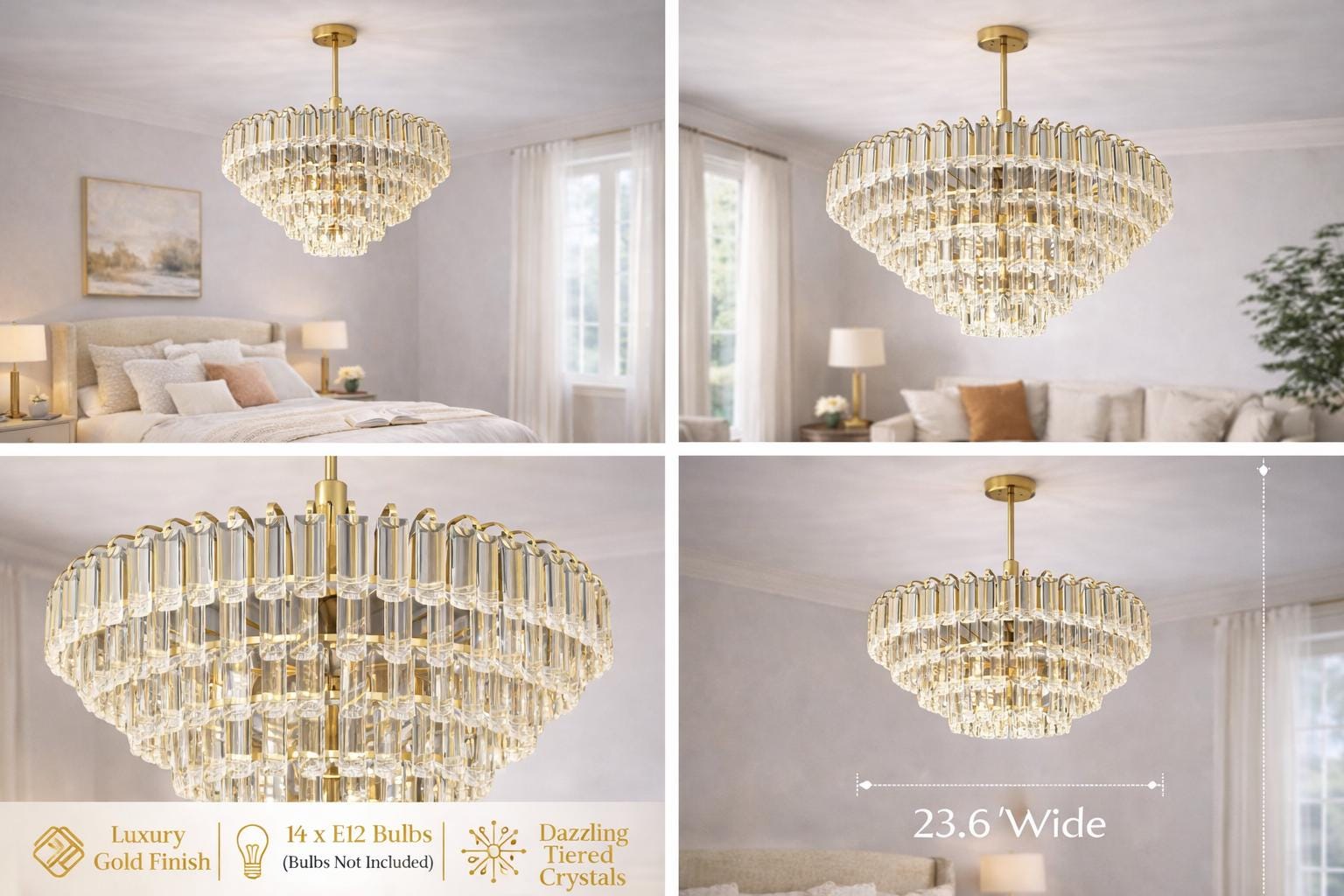 Modern Gold Crystal Rod Chandelier | Tiered Living Room Lighting