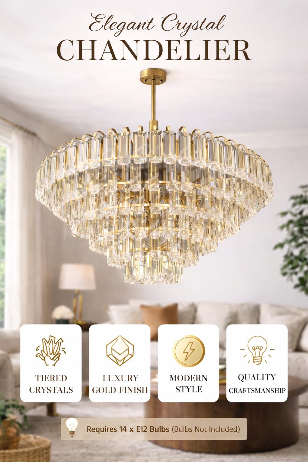 Modern Gold Crystal Rod Chandelier | Tiered Living Room Lighting
